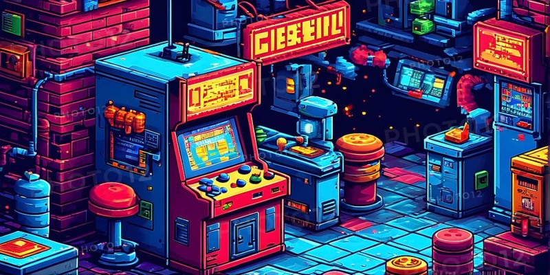 Pixel art illustration of a classic arcade game scene with characters navigating through obstacles, AI generated