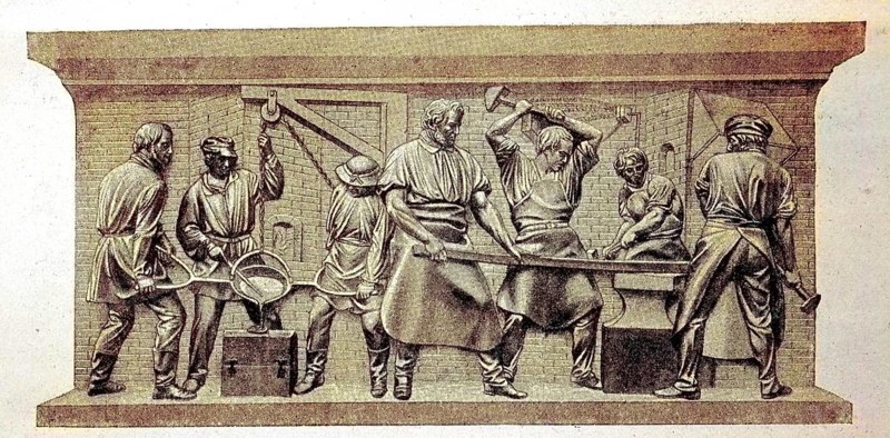 Casting and forging iron, a relief by Friedrich Drake on the monument to Beuths von Kiss in Berlin, craft, labour, craftsman, digital reproduction of an original 19th century model, original date unknown