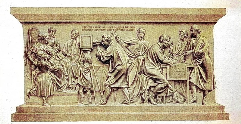 The pedestal relief by Friedrich Drake on the monument to Beuths zu Kiss in Berlin shows a photographer at work, Germany, digital reproduction of an original from the 19th century, original date unknown, Europe