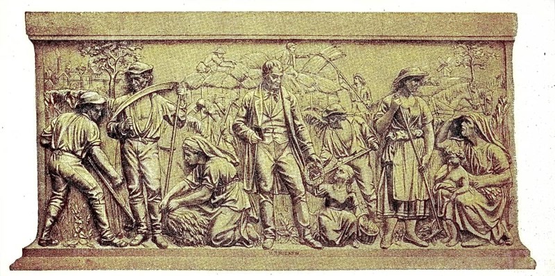 The archaeological relief on Thaers' monument in Berlin shows that the harvest work was the last work of Christian Daniel Rauch and was completed by Hugo Hagen, digital reproduction of an original 19th century model, original date unknown