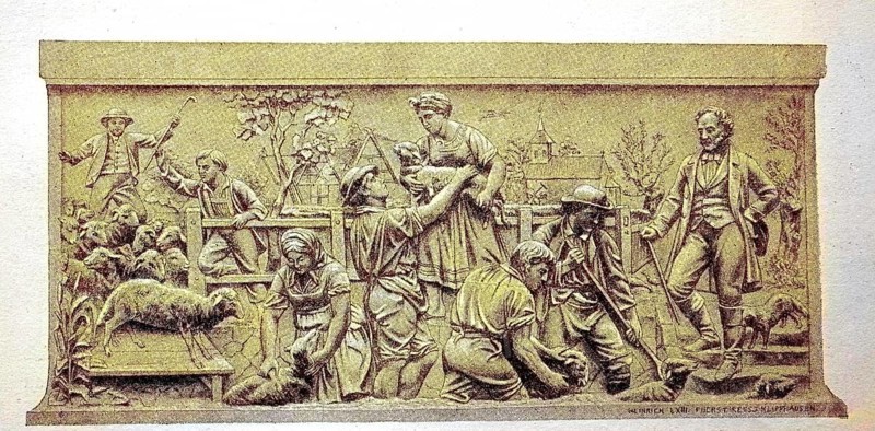 The archaeological relief for Christian Daniel Rauch's monument to Thaers in Berlin shows the washing of the sheep in front of shearing, executed by Hugo Hagen, digital reproduction of an original 19th century model, original date unknown
