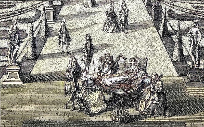 Society in the garden of a house in Josefstadt in Vienna, Austria, digital reproduction of an original from the 19th century, original date unknown, Europe