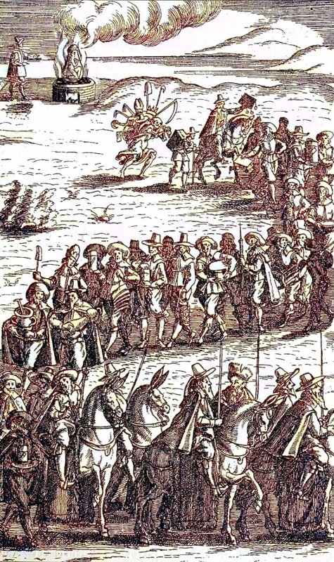 The Army of the Dead, facsimile of an engraving in, Philander von Sittenwald, facsimile of an engraving, History of Philander von Sittenwaldt, The Wild Hunt is a European folk myth about a ghostly or supernatural group of hunters who roam in wild pursuit. The hunters may be either elves or fairies or the dead, digital reproduction of a 19th century original, original date unknown