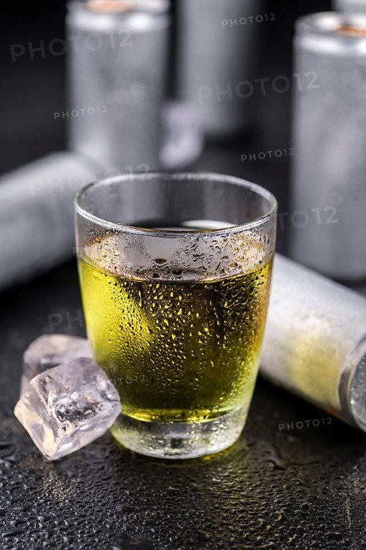 Energy Drinks on a vintage slate slab as detailed close-up shot, selective focus