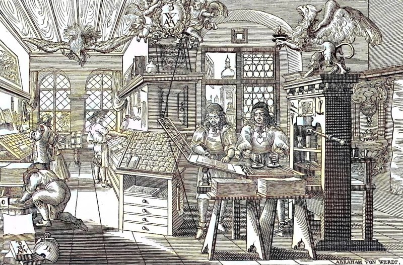 Printers and workers in a book printer's workshop in the 17th century, Germany, digital reproduction of an original from the 19th century, original date unknown, Europe