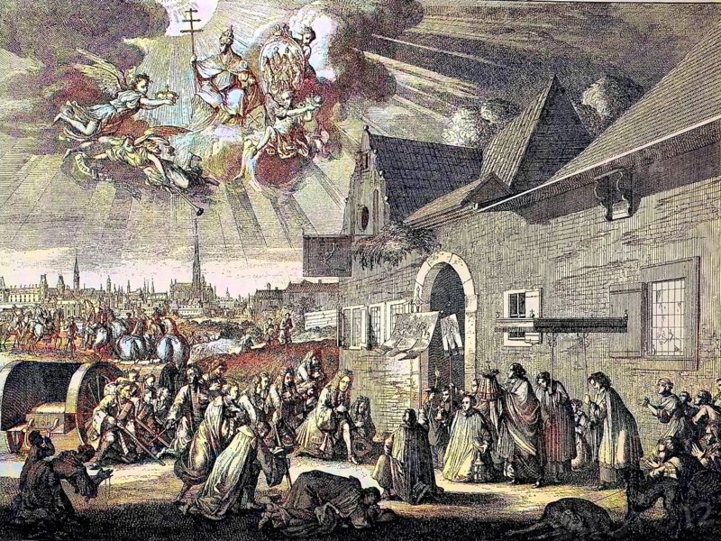 After Emperor Joseph I fled from his equipage, he kneels in front of the saintissimum, Joseph I, 26 July 1678, 17 April 1711, was a prince of the House of Habsburg and Emperor of the Holy Roman Empire from 1705 to 1711, digital reproduction of an original from the 19th century, original date unknown