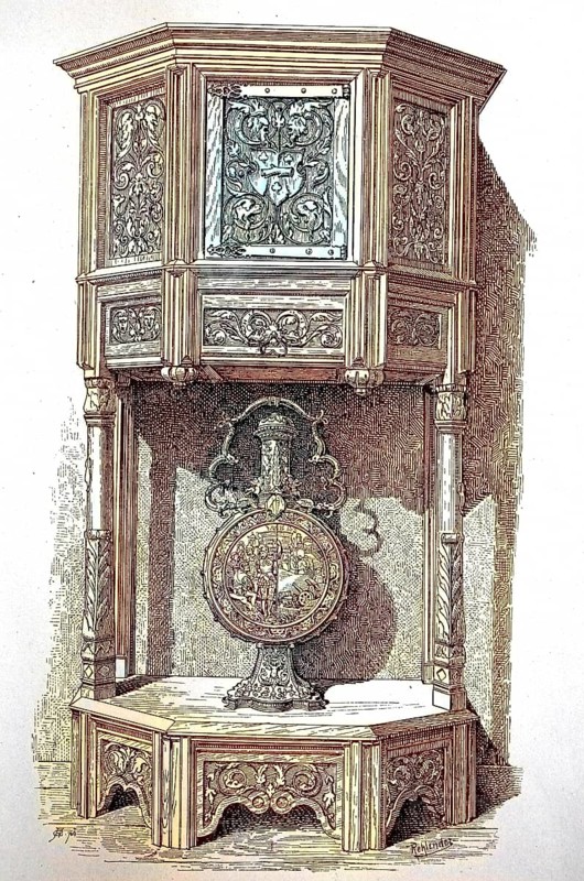 Six-sided credenza with carved panels from the 16th century, digital reproduction of an original from the 19th century, original date unknown