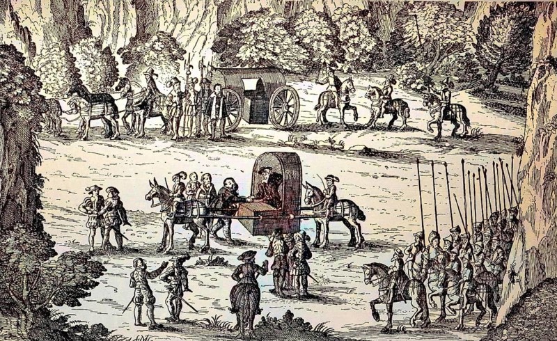 Farewell to the captured Elector John Frederick from Emperor Charles V at Lintz on 2 September 1552. The Emperor in a palanquin carried by mules, behind him the Elector's carriage, digital reproduction of an original from the 19th century, original date unknown