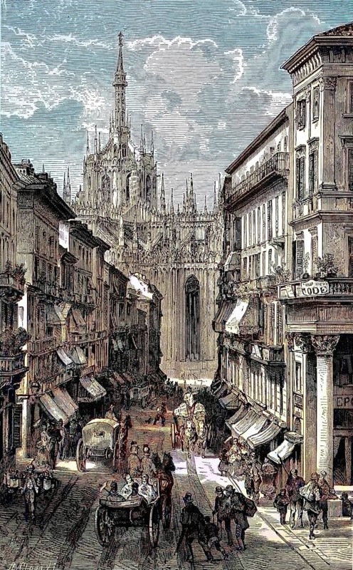 Street scene in Corso Vittorio Emanuele and the view of the cathedral in Milan, Italy, digital reproduction of an original from the 19th century, original date unknown, Europe