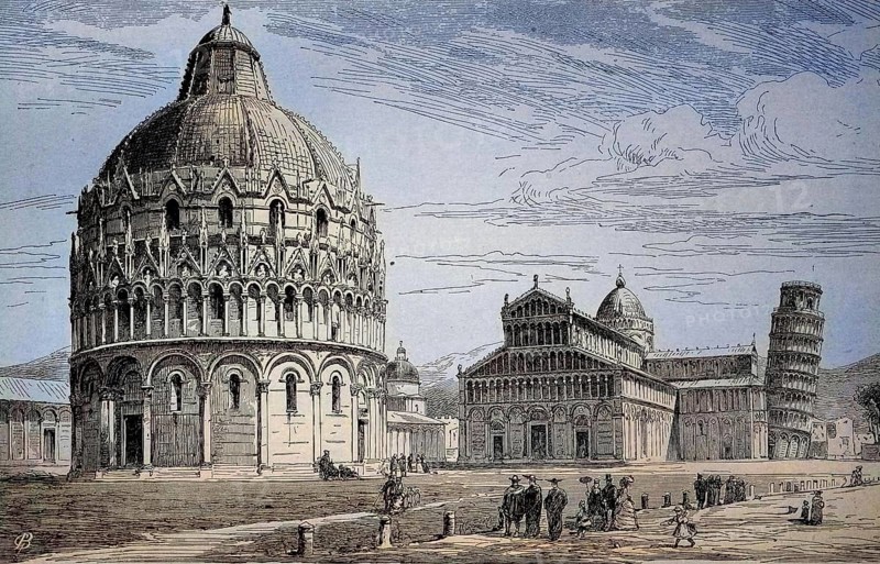 Cathedral Square in Pisa, the cathedral with the Leaning Tower of Pisa and the Baptistery, Italy, digital reproduction of an original from the 19th century, original date unknown, Europe