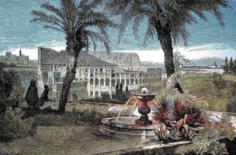 The Colosseum in Rome, seen from the Palatine Hill, Italy, digital reproduction of an original from the 19th century, original date unknown, Europe