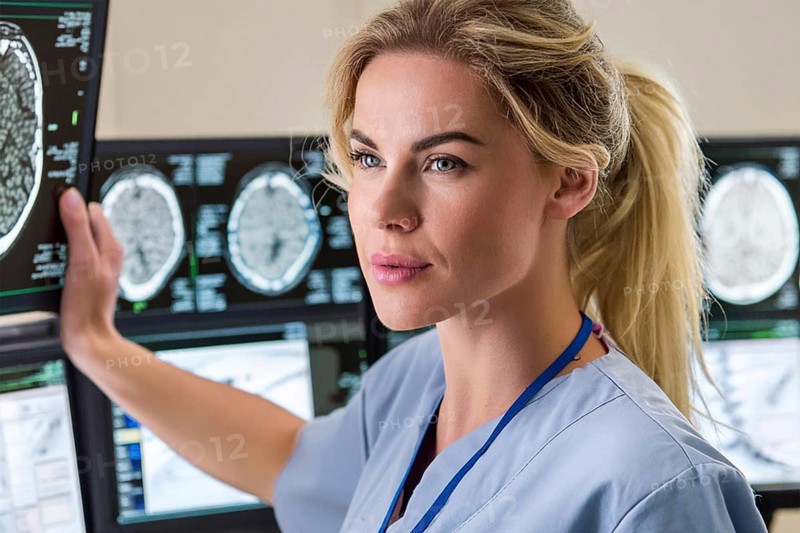 AI doctor female looks at radiology monitor, AI generated