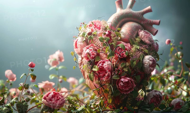 Realistic model of a human heart covered in blooming flowers and vines AI generated