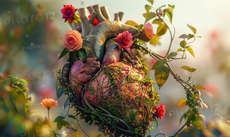 Realistic model of a human heart covered in blooming flowers and vines AI generated