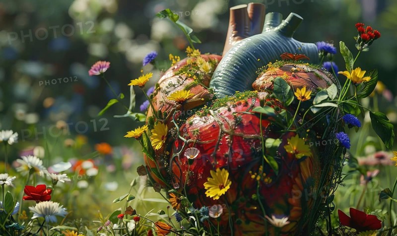 Realistic model of a human heart covered in blooming flowers and vines AI generated
