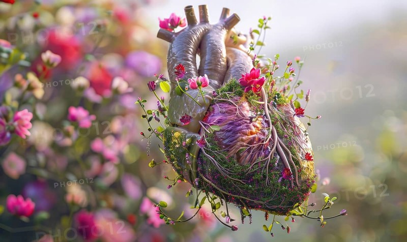Realistic model of a human heart covered in blooming flowers and vines AI generated