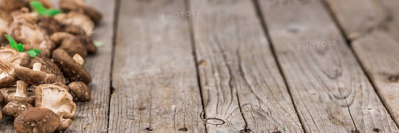 Shiitake mushrooms on an old wooden table as detailed close-up shot, selective focus