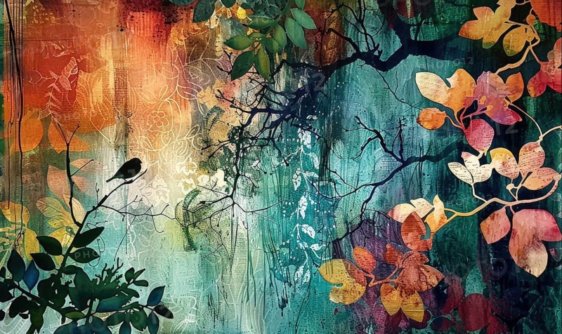 Abstract mixed media artwork featuring a bird on branches with colorful leaves, vibrant teal, and orange tones AI generated