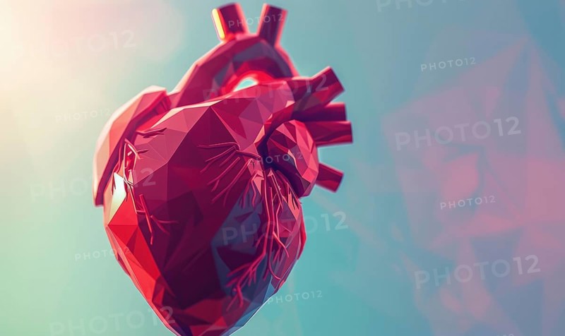 Low poly style illustration of a human heart on blue background AI generated