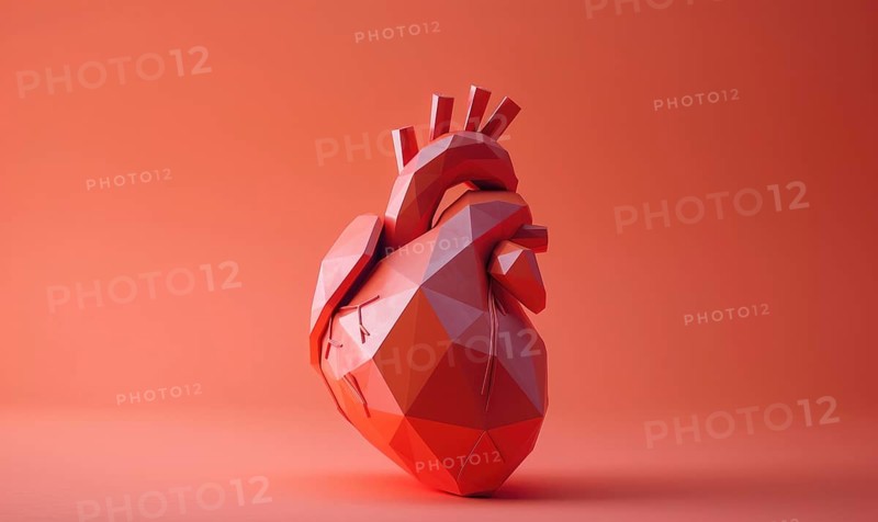 Low poly style illustration of a human heart on pink background AI generated