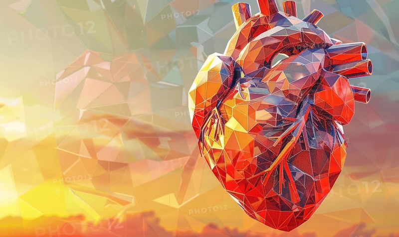 Low poly style illustration of a human heart, mosaic-like appearance AI generated