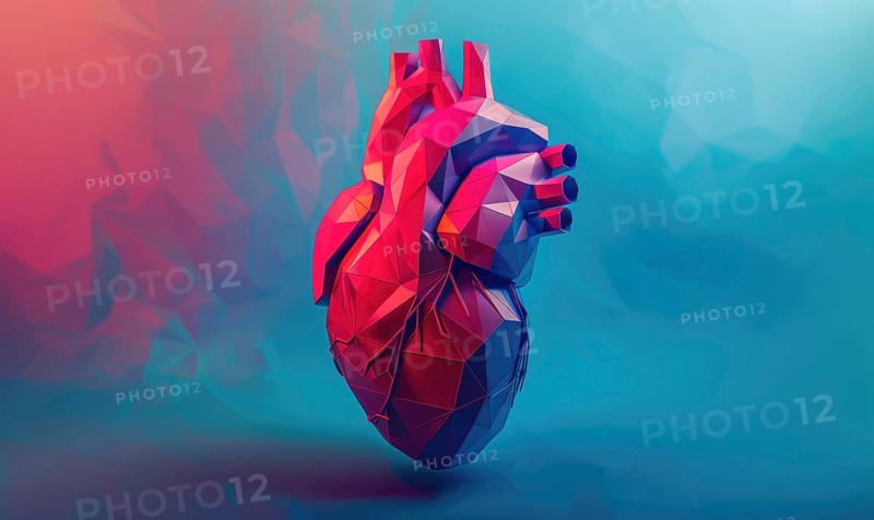 Low poly style illustration of a human heart on blue background AI generated