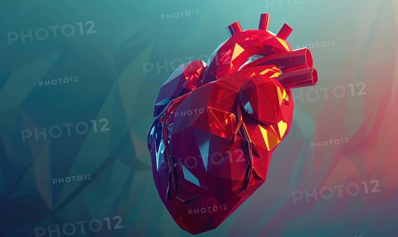 Low-poly geometric red heart set against a blue and red gradient background AI generated