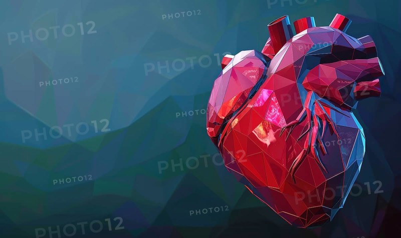 A polygonal heart with red, blue, and green colors displayed in an abstract, low poly digital art style AI generated