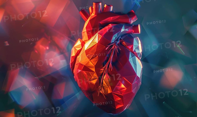 A vivid polygonal heart with red, orange, and blue hues in a low poly, abstract digital art style AI generated