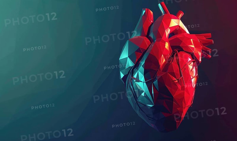 A stylized polygonal heart in red, blue, and green, presented in a low poly, abstract digital art style AI generated