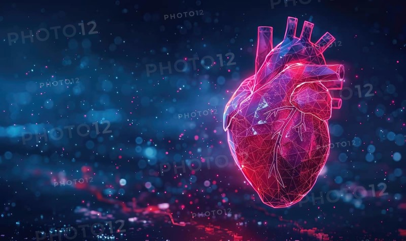 Neon digital heart with red glow, polygonal design, and particles on a dark blue background AI generated