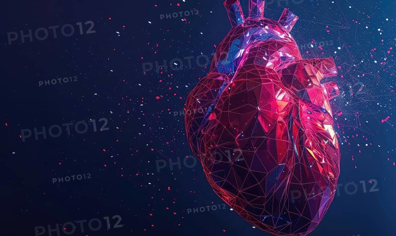 Polygonal digital heart with red and blue hues on a dark background with scattered particles AI generated