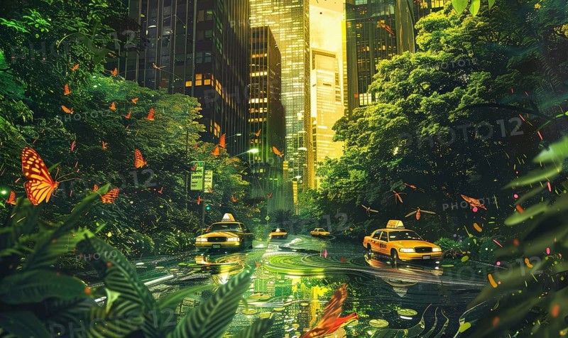 Vibrant urban jungle scene with yellow taxis, butterflies, and lush greenery amidst skyscrapers AI generated