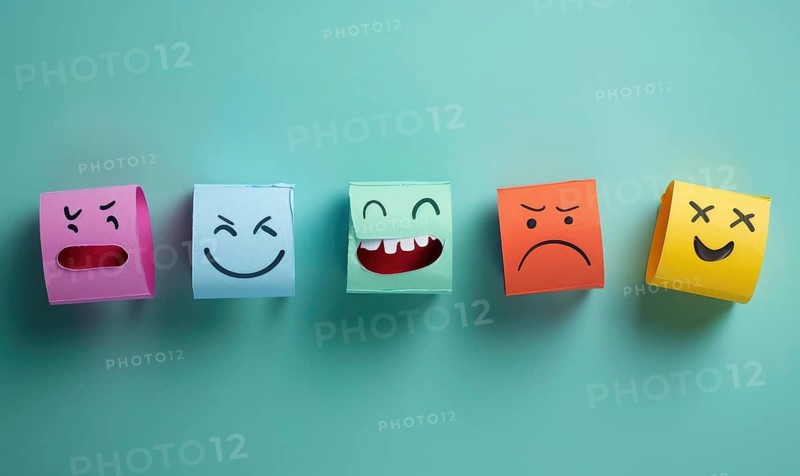 A row of paper cutouts of different emotions, including a smiley face and a frowning face AI generated
