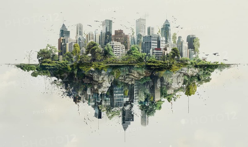 A surreal image of a floating city with skyscrapers and greenery, reflected below, blending urban and natural elements AI generated