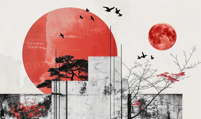 A painting of a red moon and a large red circle with birds flying around it AI generated