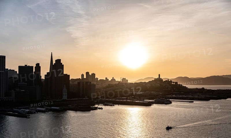 San Francisco Downtown at sunset. View from Oakland Bay Bridge