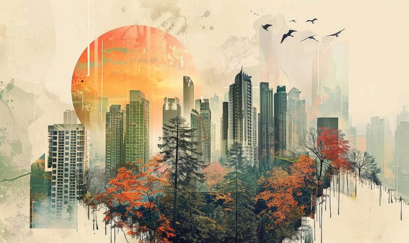 Surreal cityscape artwork featuring towering skyscrapers amidst autumn-colored trees, with birds flying and a setting sun in the background AI generated