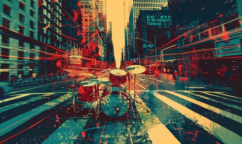A city street with a drum set on the ground. The drums are red and black. The image has a vibrant and energetic feel to it AI generated