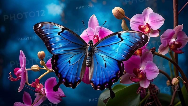 Vibrant blue morpho butterfly outstretched over a cluster of blooming orchids, AI generated