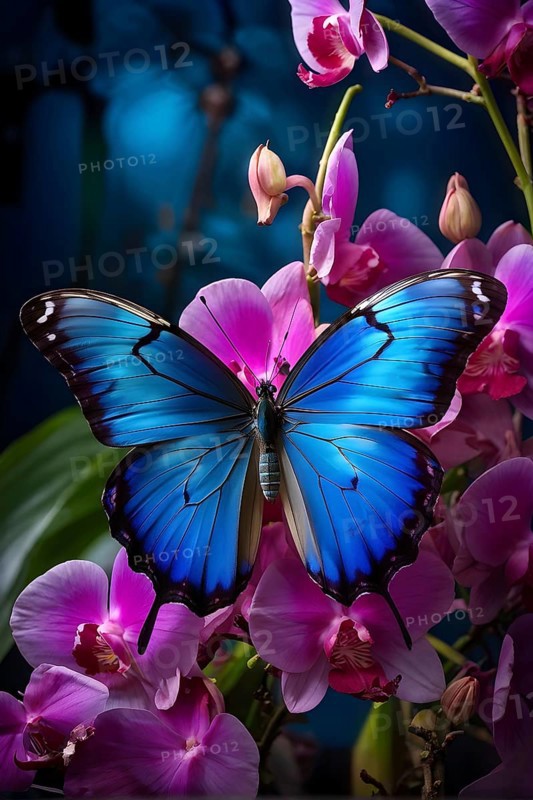 Vibrant blue morpho butterfly outstretched over a cluster of blooming orchids, AI generated