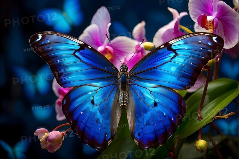 Vibrant blue morpho butterfly outstretched over a cluster of blooming orchids, AI generated