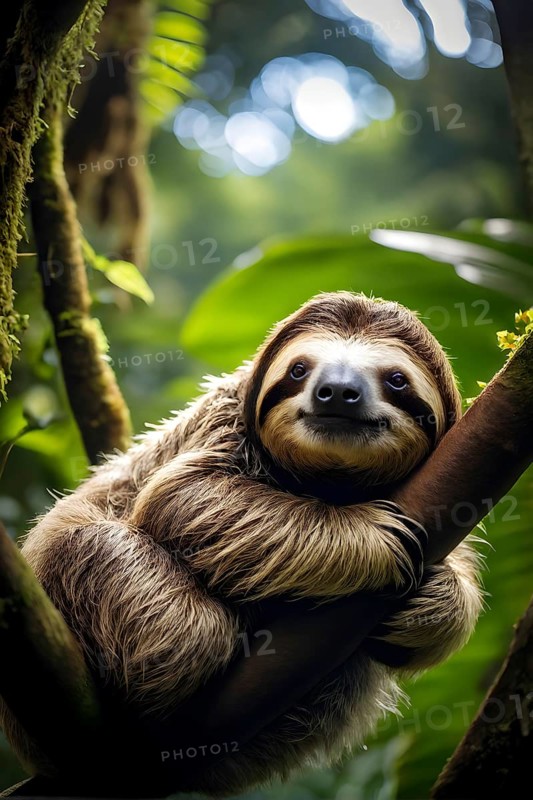 Sloth lounging in lush jungle treetop AI generated