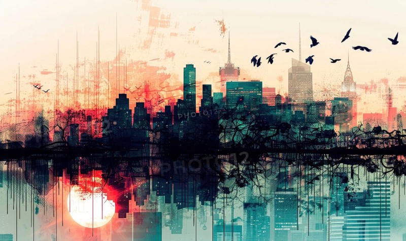 Abstract cityscape at sunset with birds in the sky and vibrant reflections AI generated