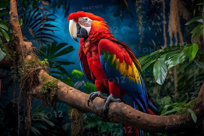 Scarlet macaw sitting on a tree branch against green jungle canvas, AI generated