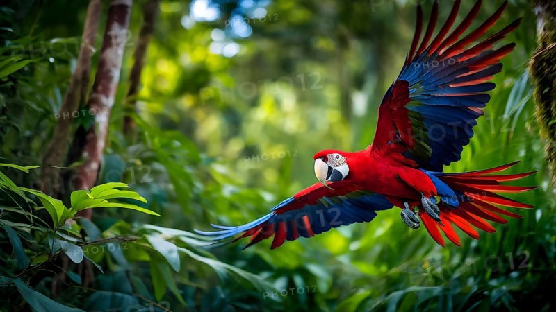 Scarlet macaw in mid flight against green jungle canvas, AI generated