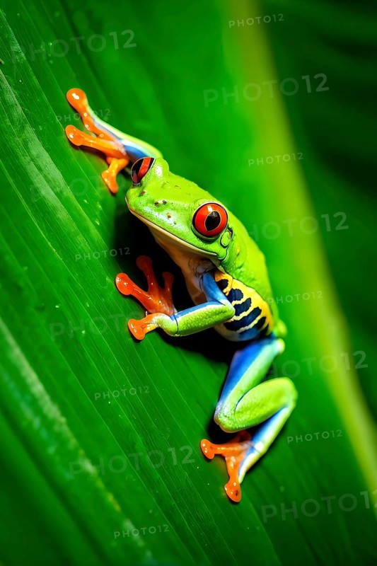 Red eyed tree frog lounging atop a tropical leaf, AI generated