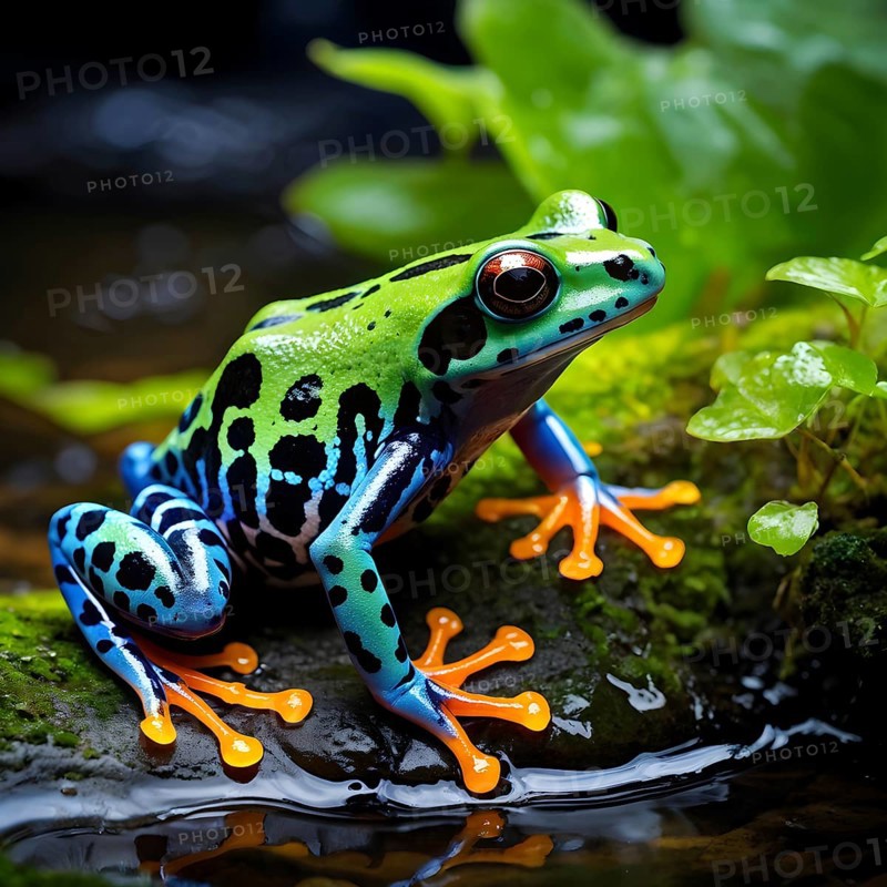 Poison dart frog adorned in bright vivid hues sitting near a moss covered rock, AI generated