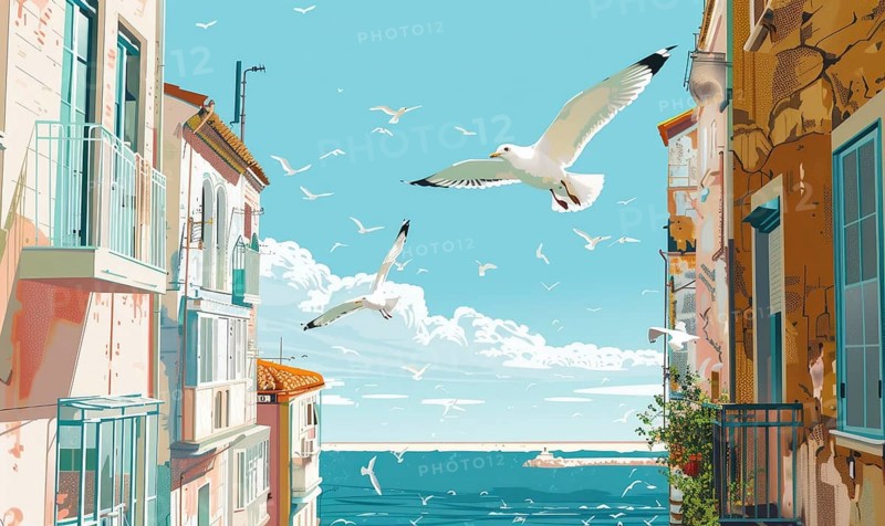 Three seagulls flying over a city street. The sky is blue and the water is calm AI generated