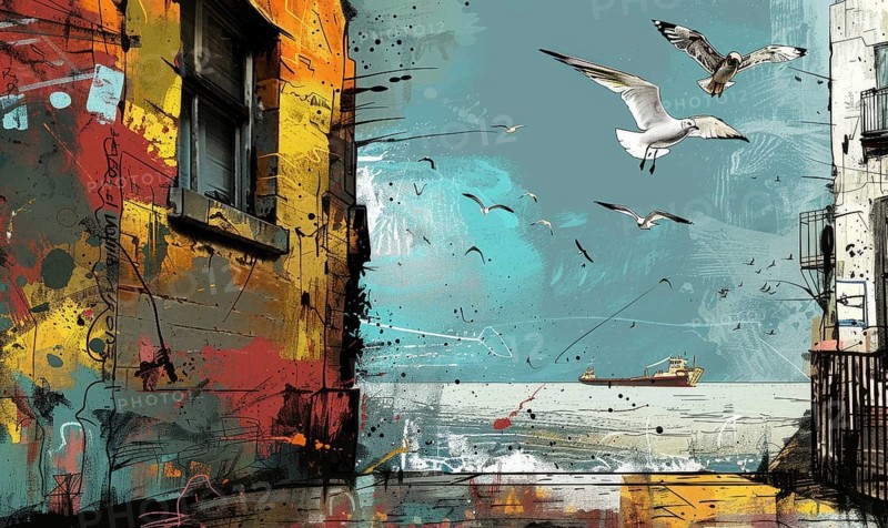A painting of a building with a window and a boat in the water. The birds are flying in the sky AI generated